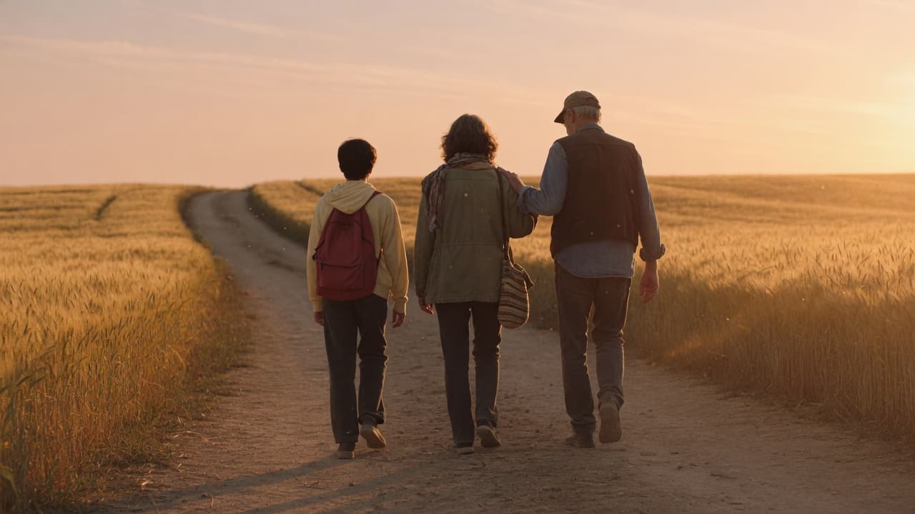 Three people walking a golden-hour path through wheat fields
