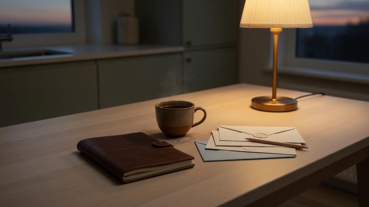 A quiet table at dusk with a notebook, coffee, and letters